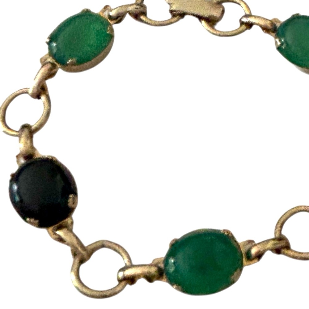 Vintage Black And Green Onyx Gold Tone 7” Link Bracelet Preowned